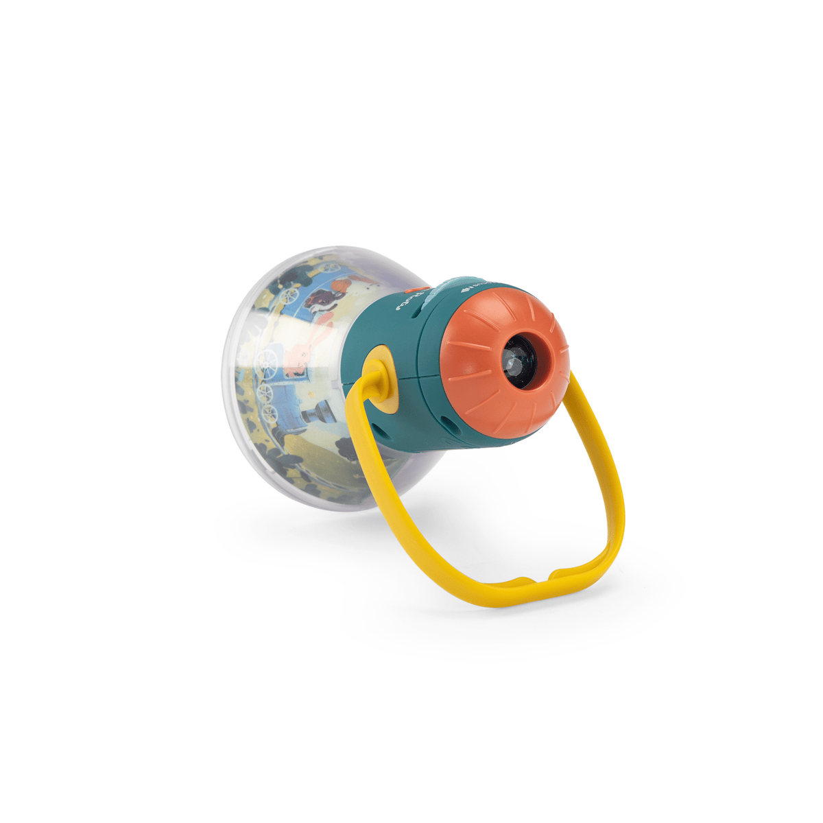 Rear view of teal Moulin Roty story lantern showing focus lens and handle