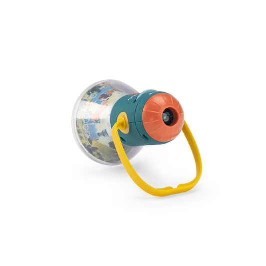 Rear view of teal Moulin Roty story lantern showing focus lens and handle