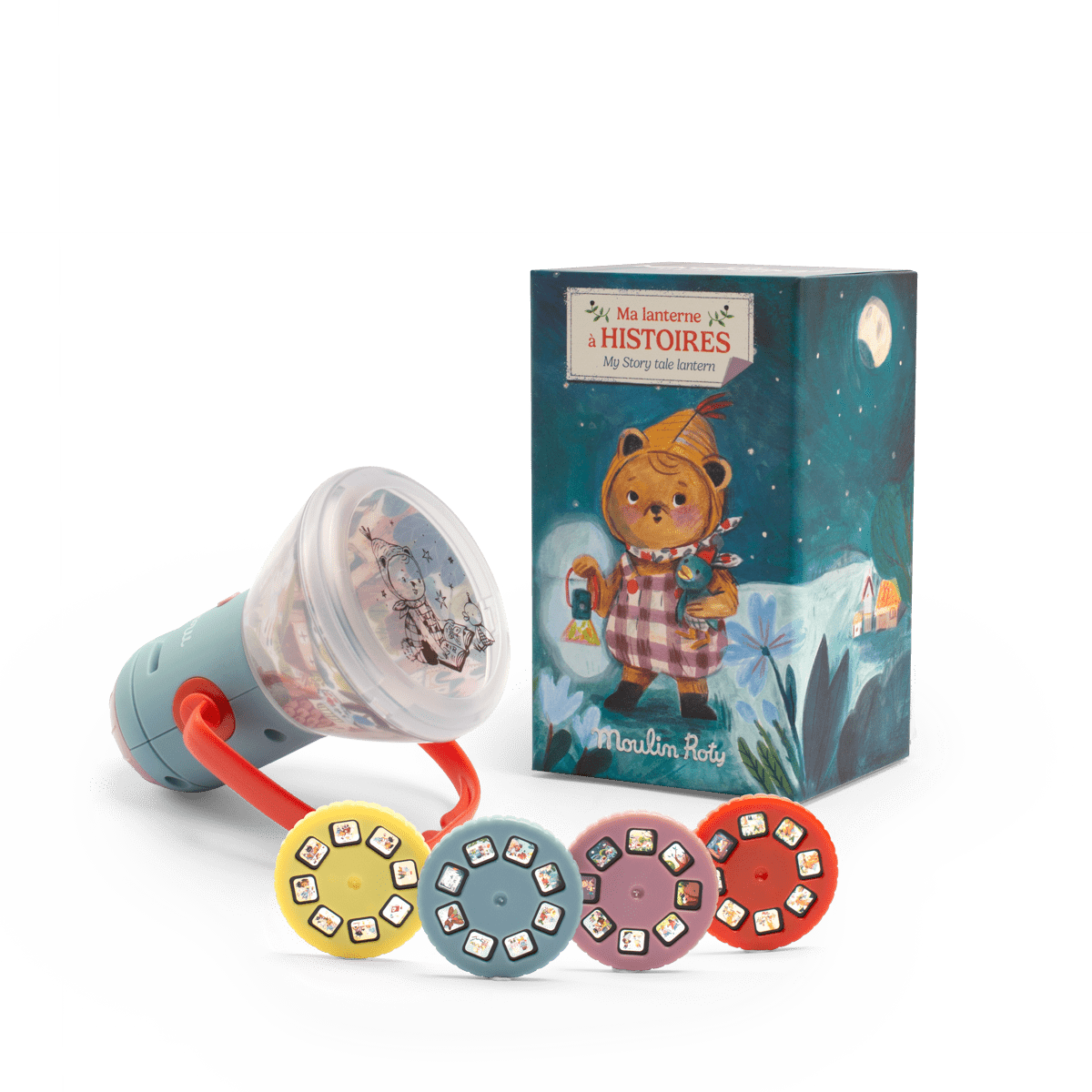 Moulin Roty story lantern set including teal device, four discs, and illustrated packaging box