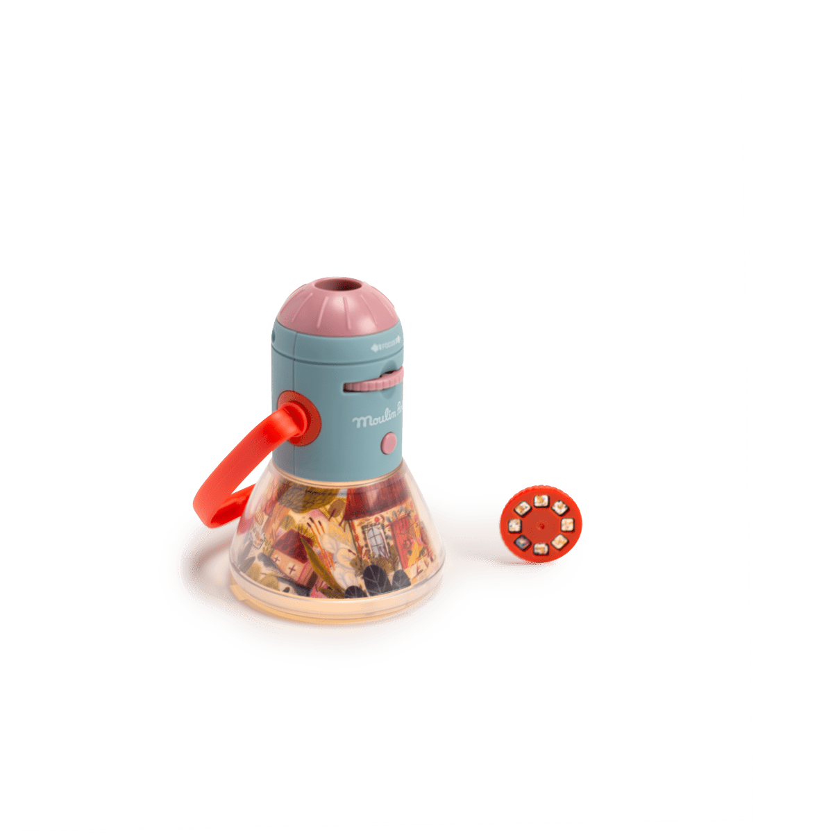 Light blue Moulin Roty story lantern with pink ribbed top, red handle, and control buttons displayed