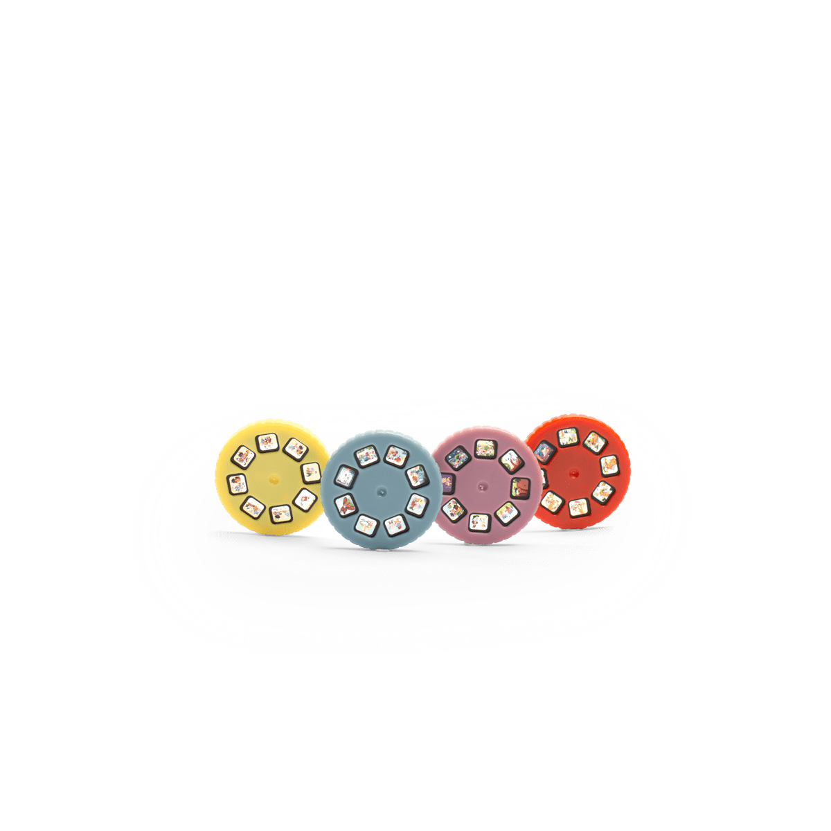 Set of four colorful plastic story discs for Moulin Roty lantern featuring character illustrations