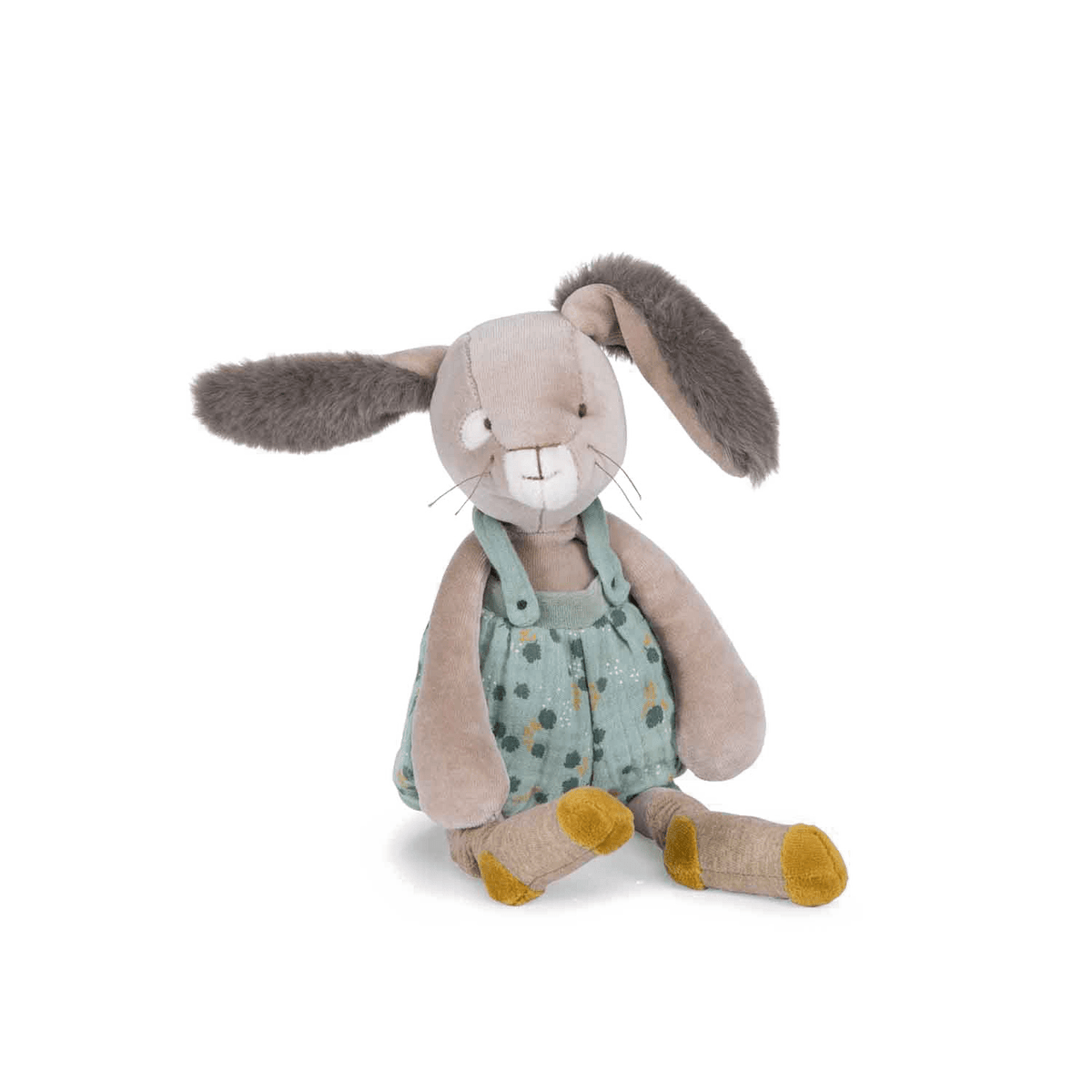 Seated sage green dot-patterned plush rabbit with corduroy texture