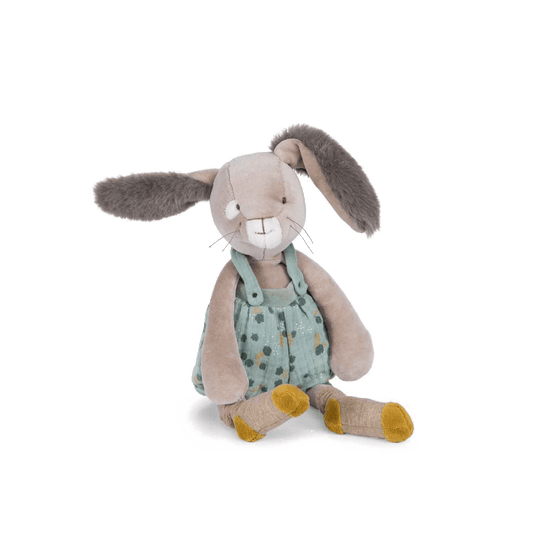 Seated sage green dot-patterned plush rabbit with corduroy texture