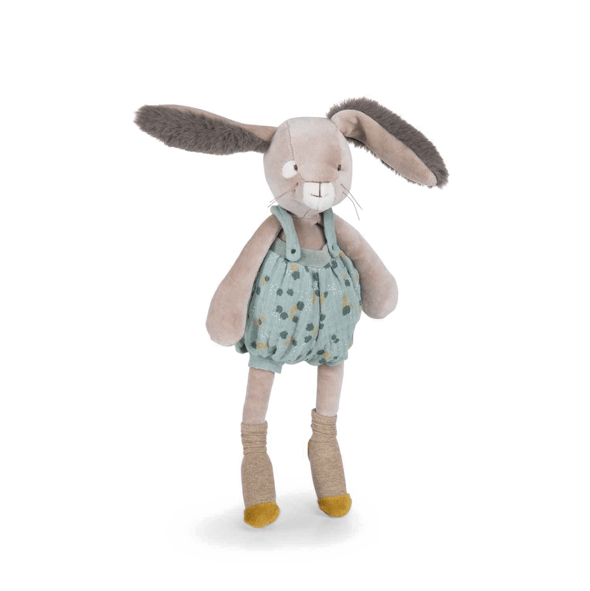 Standing sage green patterned plush rabbit with long grey ears