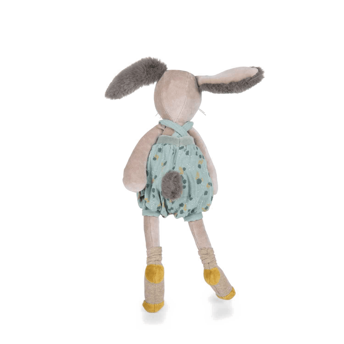 Back view of sage green patterned plush rabbit with pom-pom tail