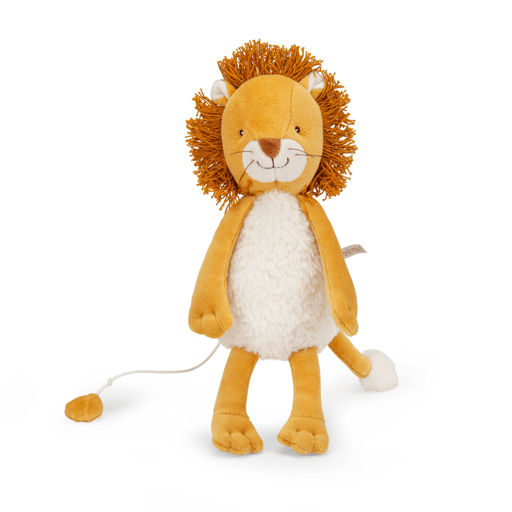 Moulin Roty Mamba lion plush toy with golden corduroy body and orange yarn mane
