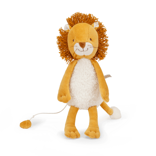 Moulin Roty Mamba lion plush toy with golden corduroy body and orange yarn mane