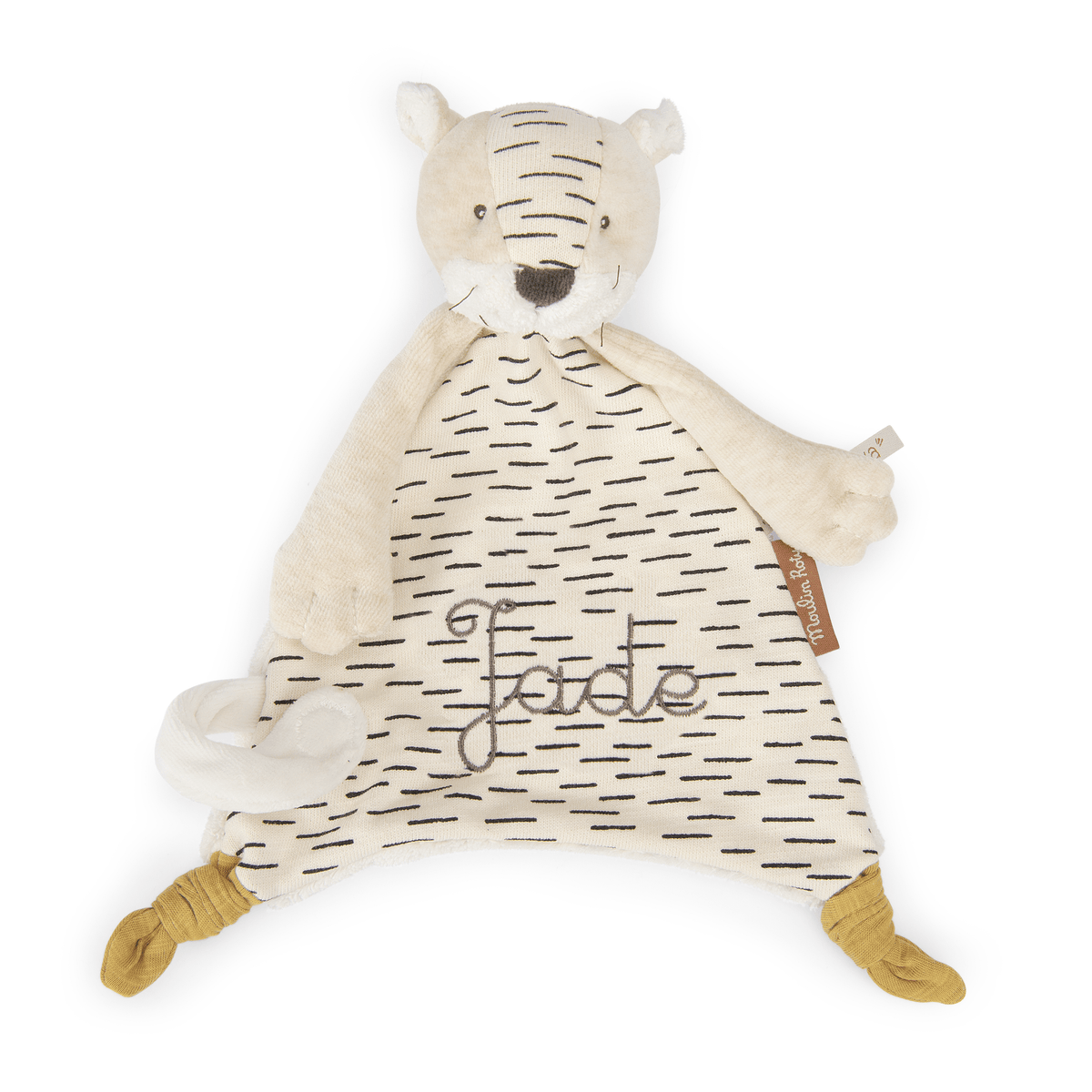 Personalized cream tiger baby comforter with embroidered name Jade and black stripes