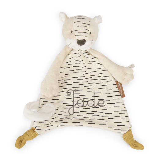 Personalized cream tiger baby comforter with embroidered name Jade and black stripes