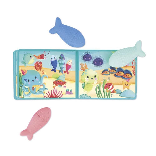 Open waterproof ocean bath book with three colorful fish gushers