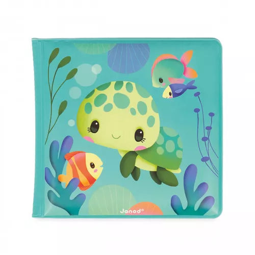 Janod La Vie Magique des Tortues closed teal bath book with cartoon sea turtle cover