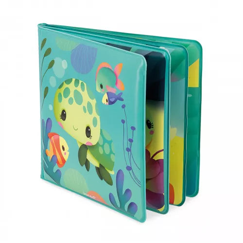 Side view of thick waterproof Janod bath book spine with octopus illustration