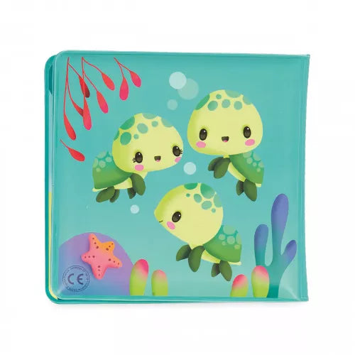 Teal Janod bath book cover featuring three swimming turtles and starfish detail