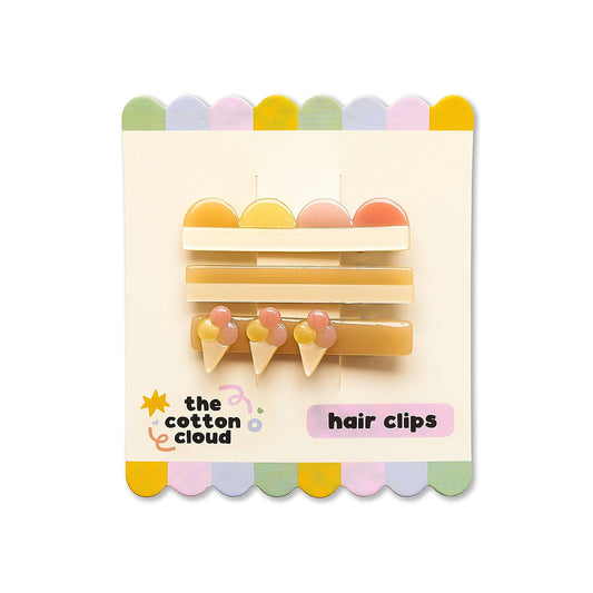 Pack of three pastel ice cream motif acetate hair clips on cream card with scalloped edges
