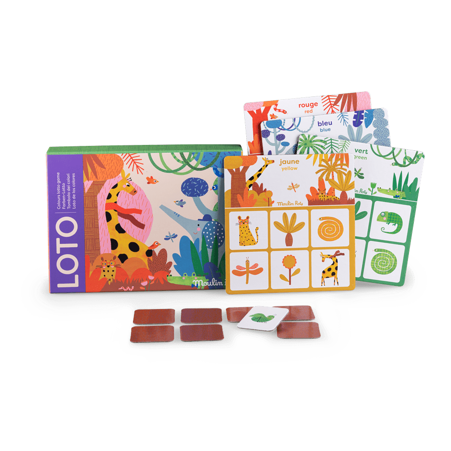 Complete Loto game set with box, four boards, cards, and brown tokens