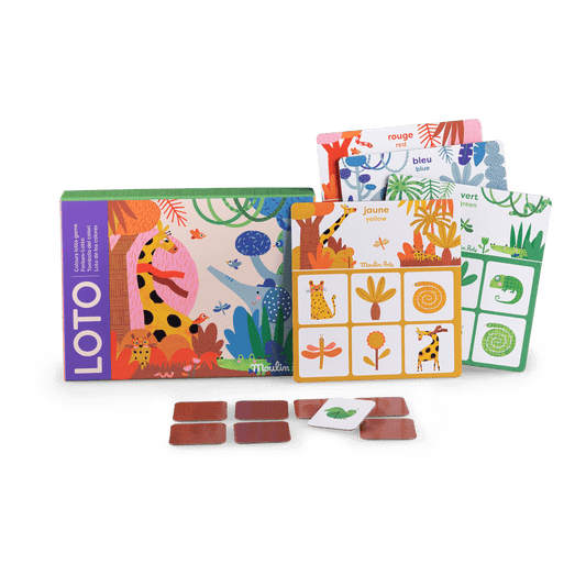 Complete Loto game set with box, four boards, cards, and brown tokens