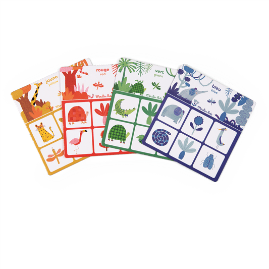 Four colorful Loto board cards for yellow, red, green, and blue themes