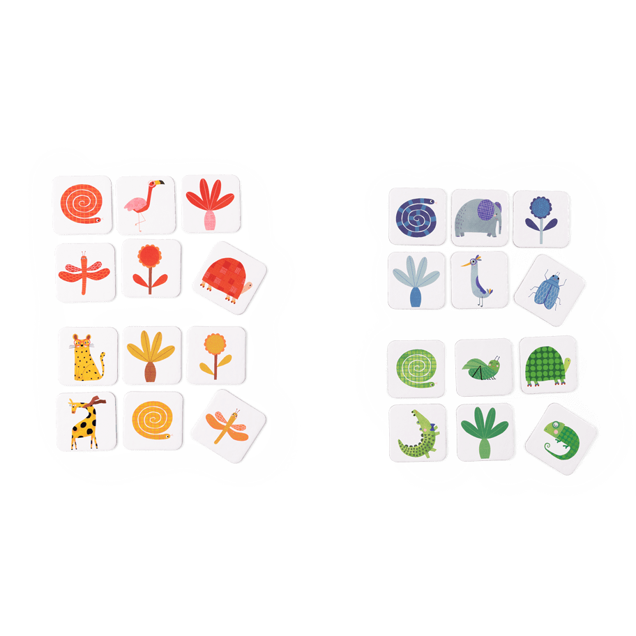Set of illustrated matching cards featuring animals and plants for toddlers
