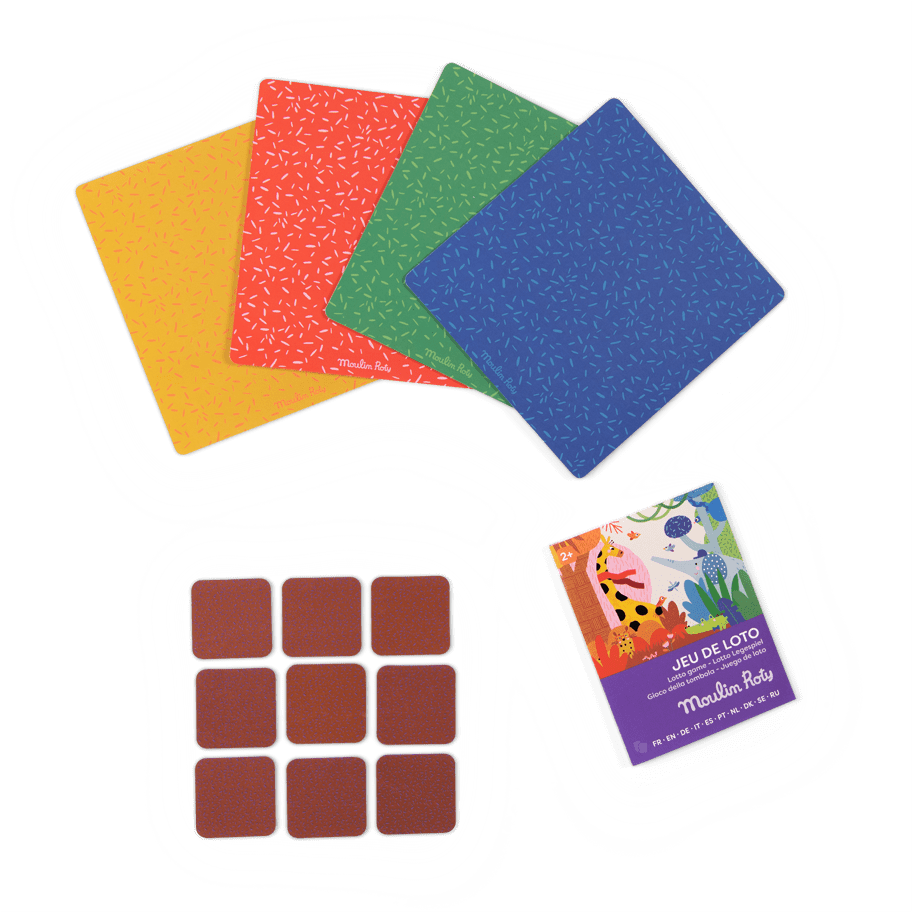 Loto game components including brown tokens, boards, and instruction booklet