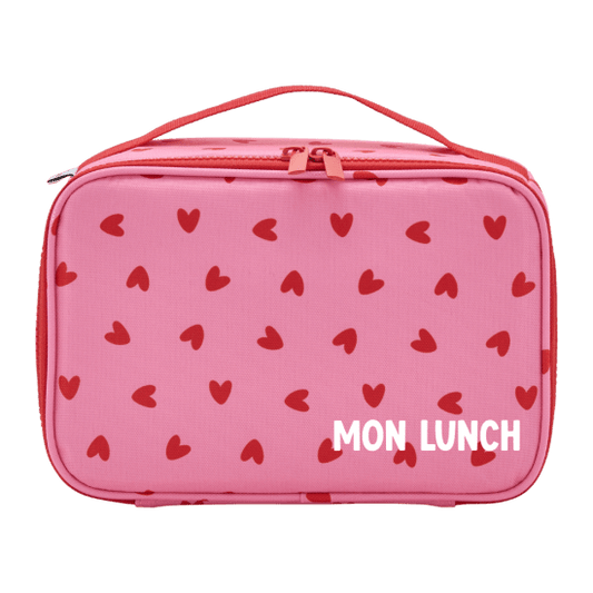 Lunch bag isotherme coeurs rouges sur fond rose
