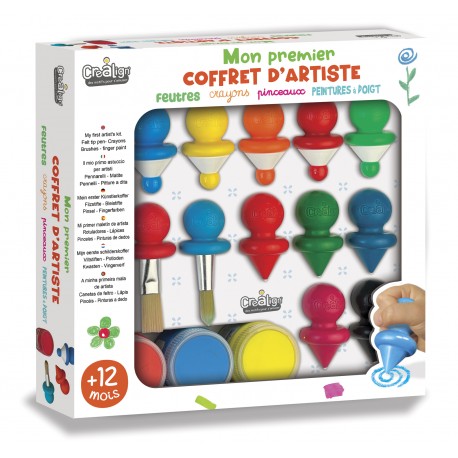 Toddler art kit contents including colorful paint pots and wooden brush held in hand