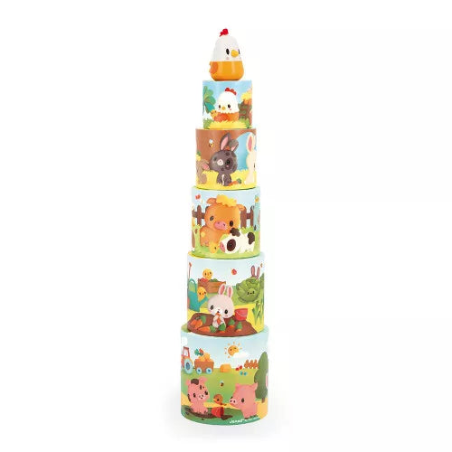 Wooden farm animal stacking pyramid with hen figurine for toddlers