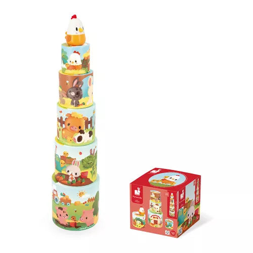 Assembled Janod farm animal stacking pyramid with hen topper