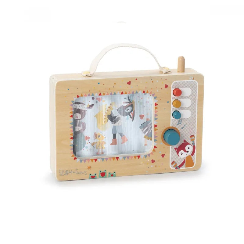 Front view of Lilliputiens natural wood music box toy with fox illustration and rotary knob