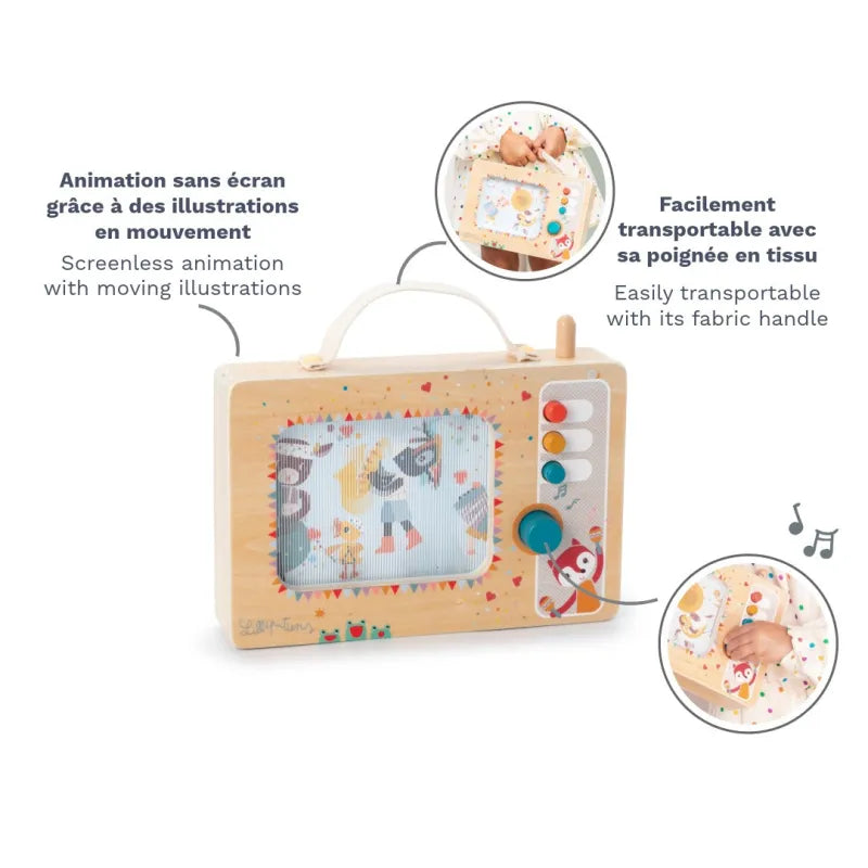 Lilliputiens screenless animation wooden music box with fabric carrying handle