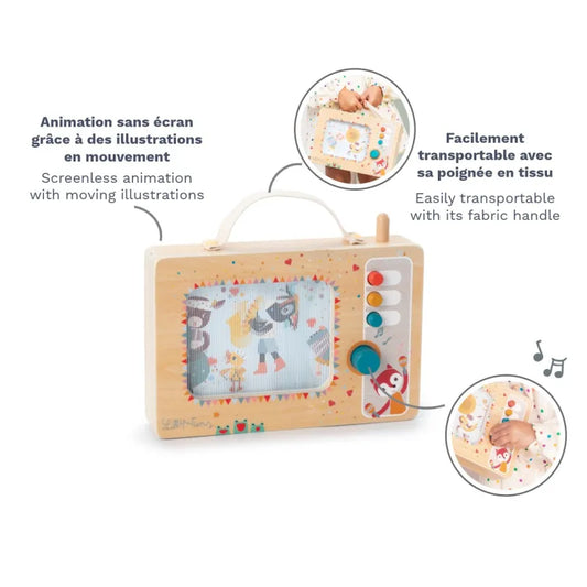 Lilliputiens screenless animation wooden music box with fabric carrying handle