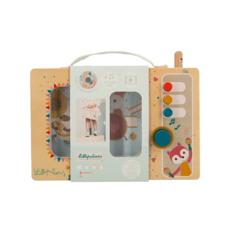 Lilliputiens wooden music box toy in light green paper sleeve packaging