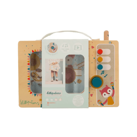 Lilliputiens wooden music box toy in light green paper sleeve packaging