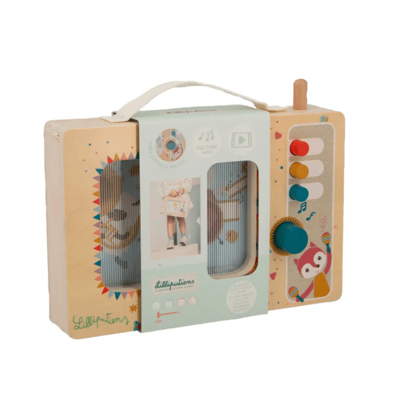 Lilliputiens wooden music box toy radio with moving animal illustrations and colorful controls