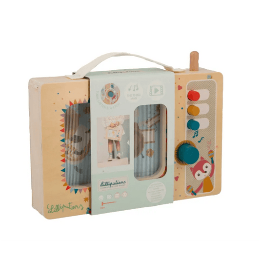 Lilliputiens wooden music box toy radio with moving animal illustrations and colorful controls