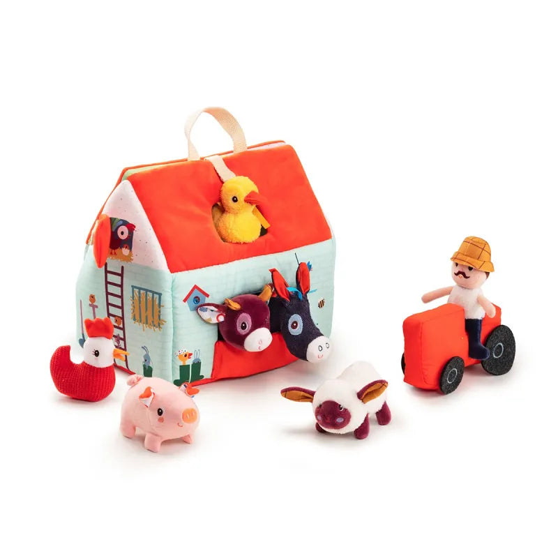 Lilliputiens soft fabric farm playset cube with orange roof and five plush farm animals