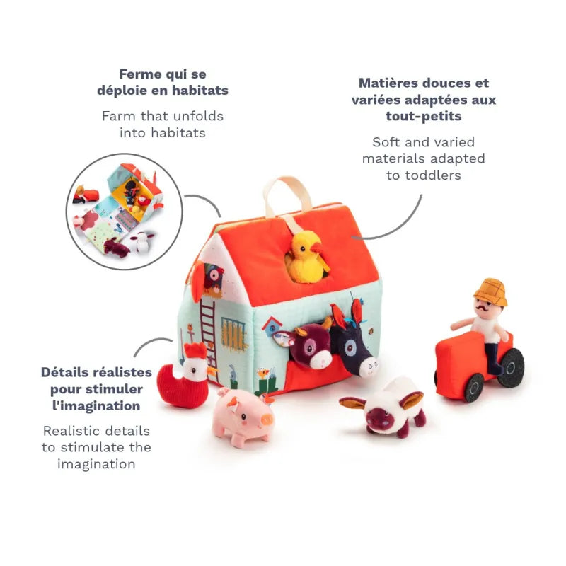 Lilliputiens fabric farm that unfolds into habitats with soft materials for toddlers