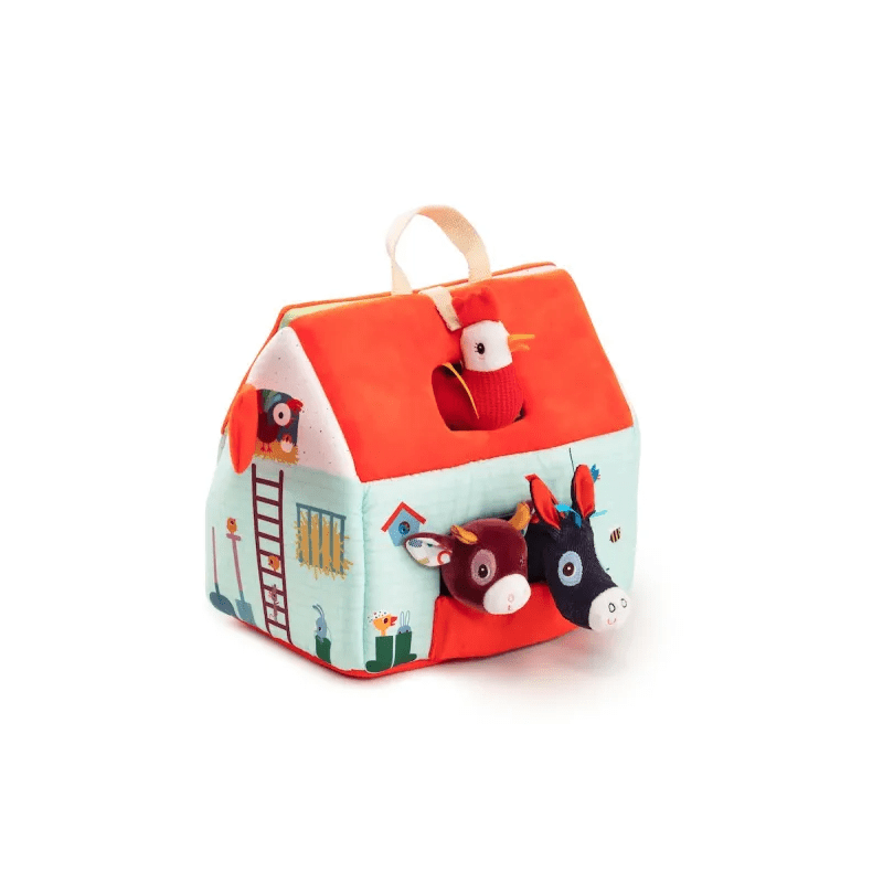 Folded Lilliputiens fabric farm house toy with orange roof and plush animal heads