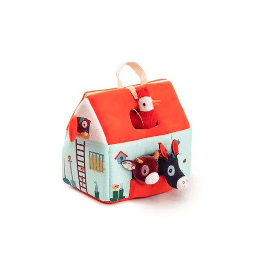 Folded Lilliputiens fabric farm house toy with orange roof and plush animal heads
