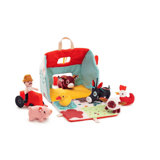 Unfolded Lilliputiens fabric farm playset with yellow interior mat and six plush animals
