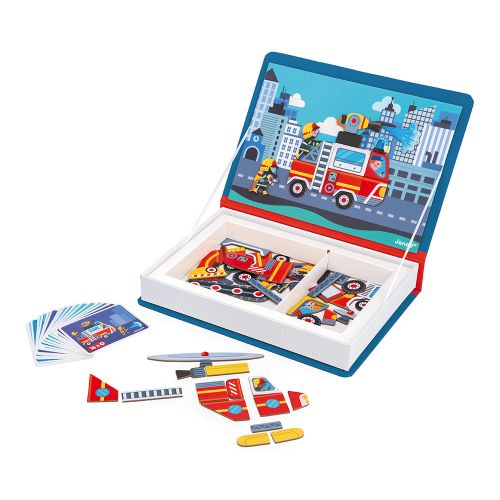 JANOD Magnéti'book Pompiers open box displaying scattered vehicle and character magnets