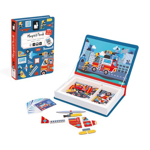 JANOD Magnéti'book Pompiers open with organized magnetic pieces and model cards