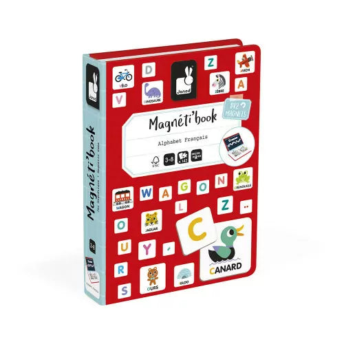 Closed red JANOD Magnéti'Book French alphabet case with 142 magnets collage cover