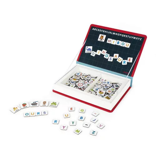 Red book-shaped magnetic toy case with blue grid lid and scattered animal letter tiles