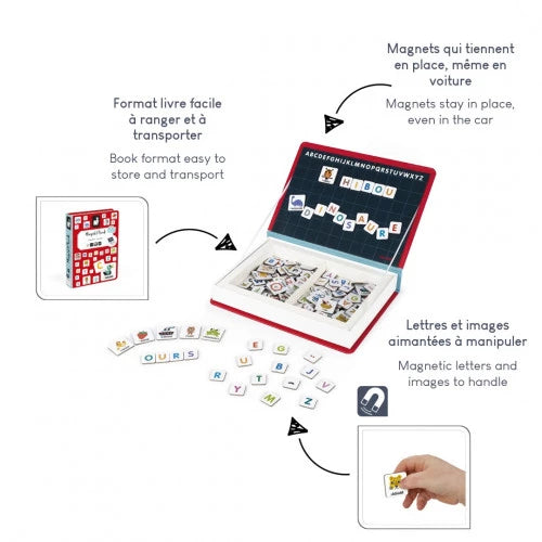 Open red Magnéti'Book French alphabet case with letter tiles spelling HIBOU and DINOSAURE