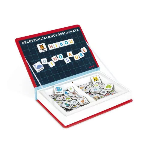 Open Magnéti'Book French alphabet case displaying owl cat and frog magnet tiles