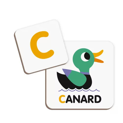 Orange C letter and CANARD duck magnetic tiles for French language learning