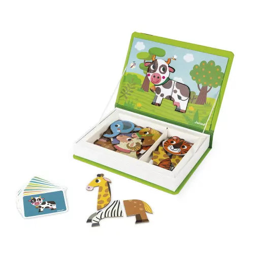 Open green Janod Magnéti'book with 30 animal magnets and model cards for kids