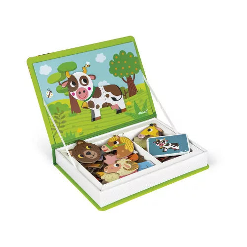 Janod Magnéti'book open with compartments holding bear, horse, pig, and tiger magnets