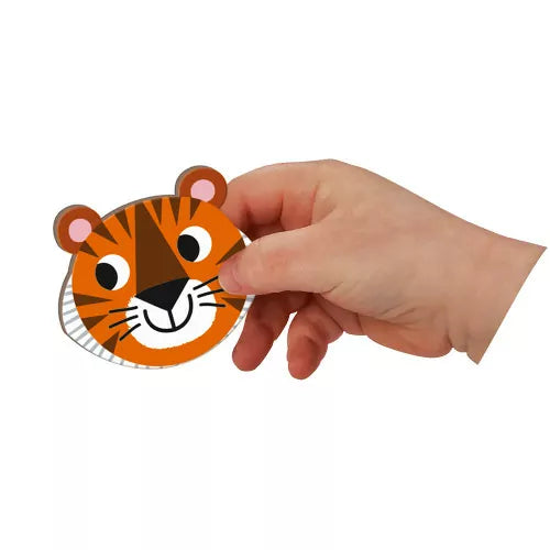 Close-up of orange tiger head magnet piece from Janod animal magnetic book set