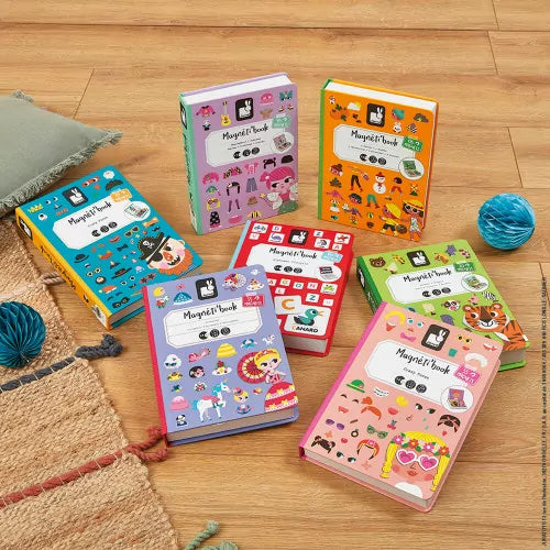 Variety pack of colorful Janod Magnéti'books including animals, fashion, and letters themes